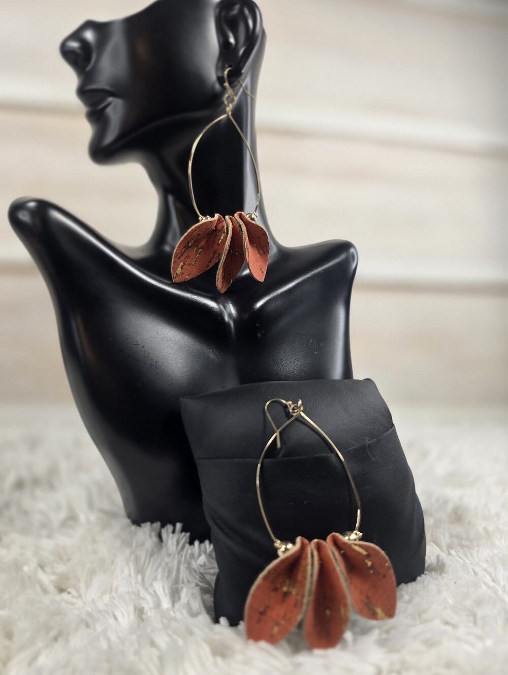 Handmade Rust Leaf Hoop Earrings - Gold Accent